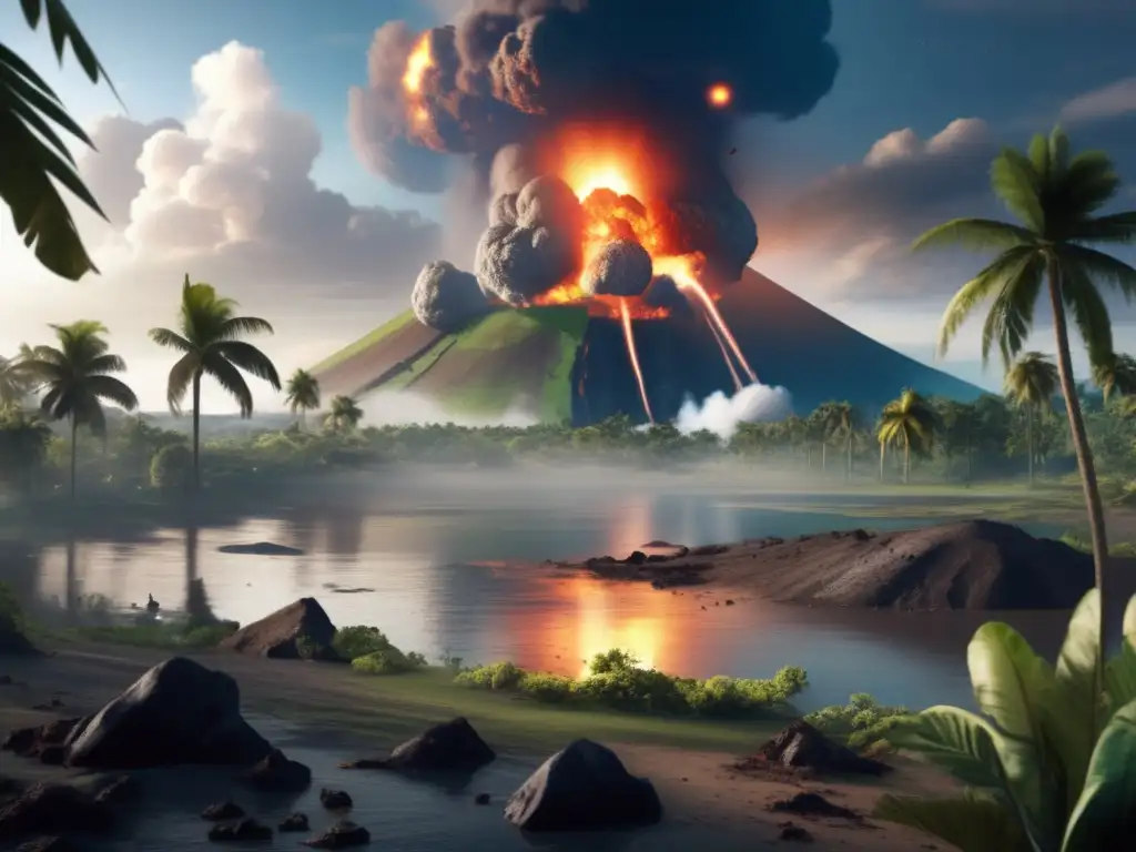 Devastation in Paradise: Asteroid Impact A photorealistic depiction of a massive asteroid impact on a lush tropical landscape