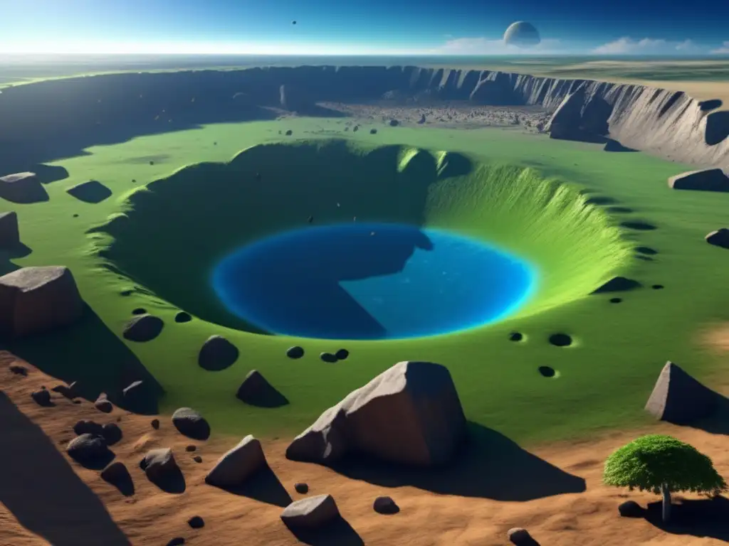 Asteroid Impact Site: Prehistoric Ruins Unearthed A stunning photorealistic depiction of an asteroid impact site preserved in the wreckage of Dinosaur World