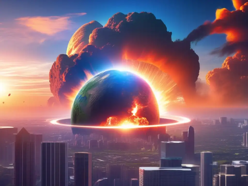 A tale of destruction: a massive asteroid crashes into Earth, causing devastation with jagged edges and a reflective surface