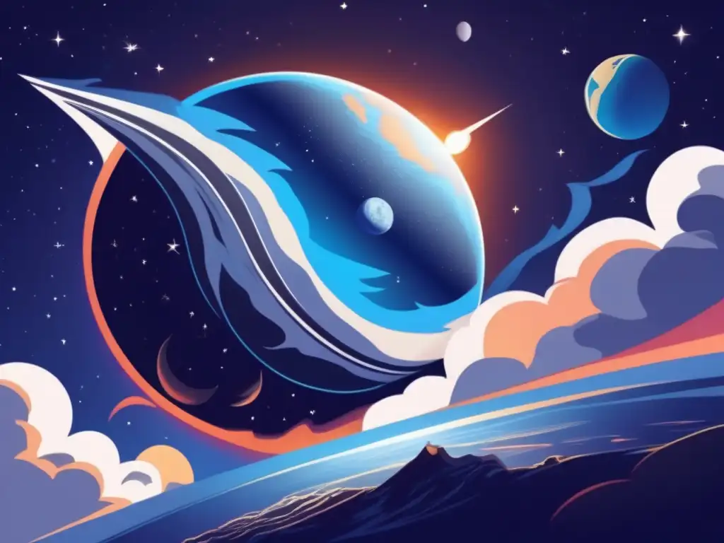 A haunting digital illustration of Earth, surrounded by swirling white clouds, sets against a black canvas with a rising crescent moon