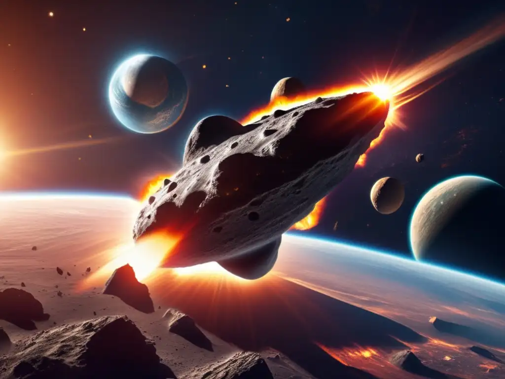 A photorealistic depiction of a massive alien asteroid heading toward Earth, lit up by the sun