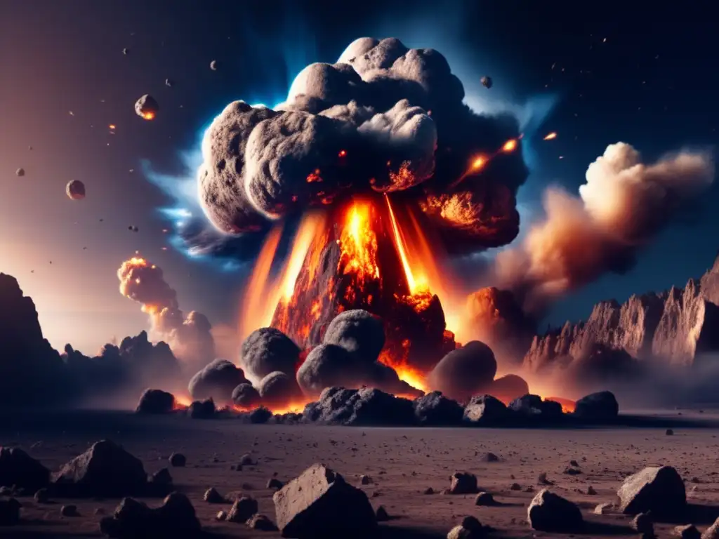 A mesmerizing yet terrifying image of a powerful asteroid impacting Earth's surface, causing widespread destruction