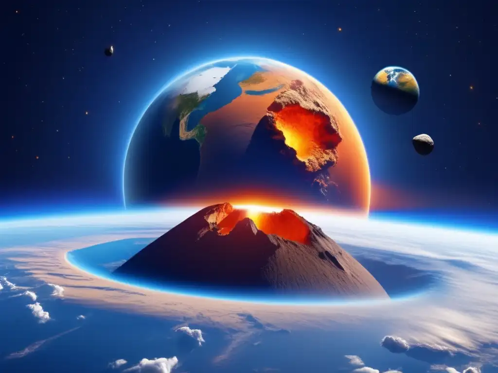 A stunning photograph of Earth's atmosphere, with a clear blue sky and a dark asteroid crashing into the surface
