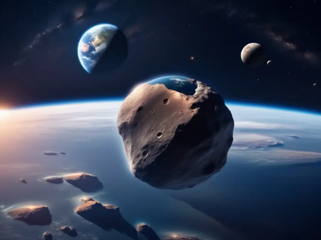 A photorealistic image of an asteroid approaching Earth, with both planets perfectly aligned in the sky