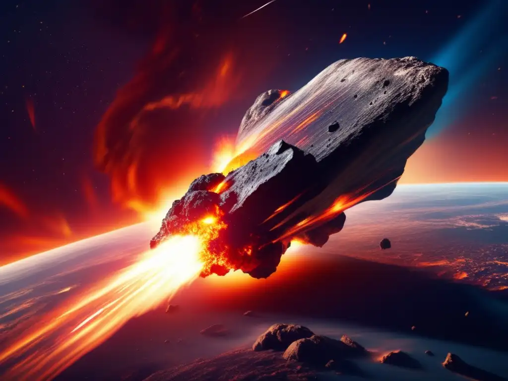 An artistically rendered depiction of an asteroid collision with Earth, capturing the intense heat and fire that would erupt