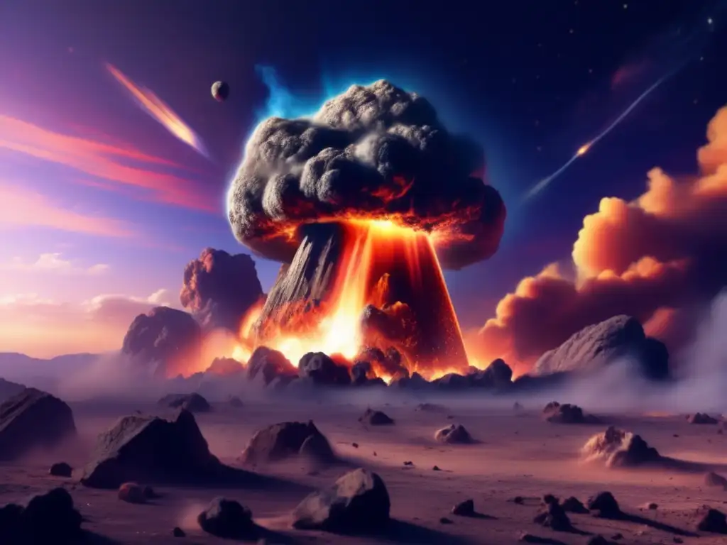 A catastrophic event, as an iridescent asteroid crashes into Earth's surface, piercing through and causing mass destruction below