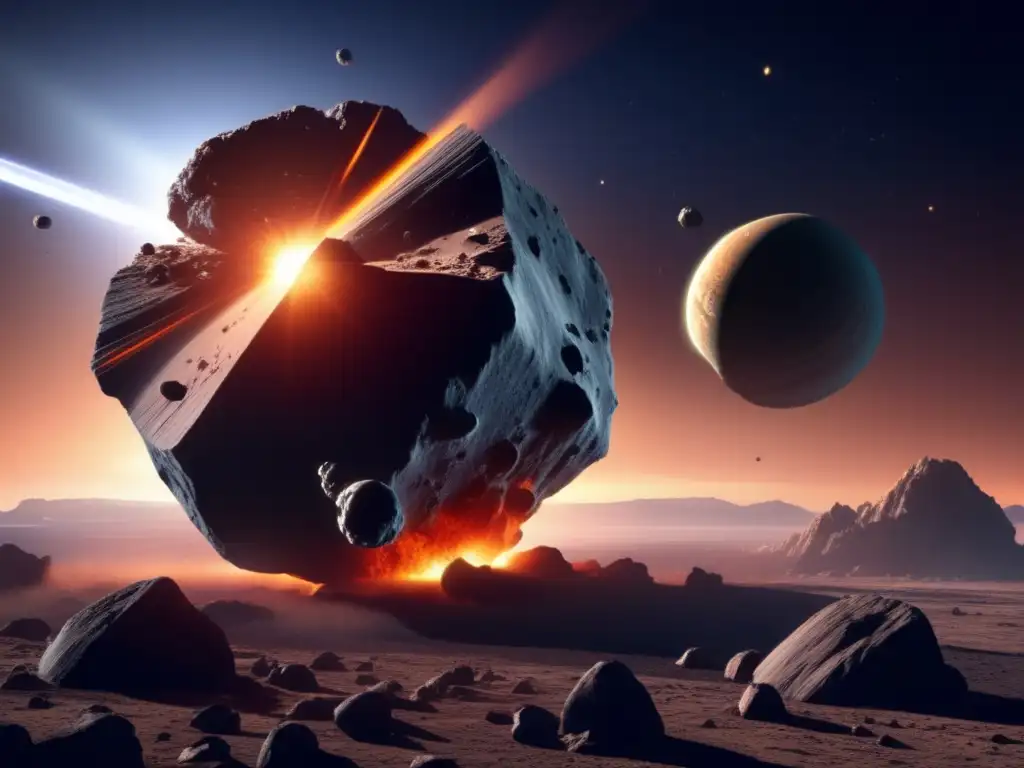 A breathtaking photorealistic depiction of an asteroid collision with an Earthlike planet, causing deformation and destruction of both objects