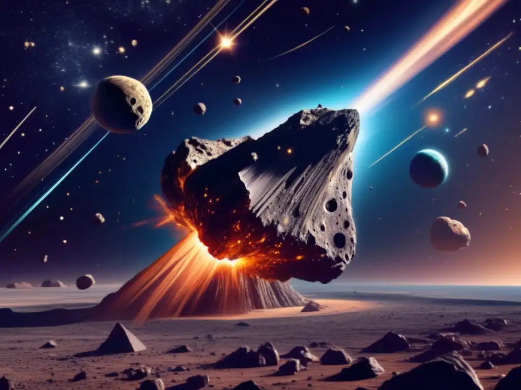 Astrohazard: A Close Call!'
This title captures the sense of danger and urgency while also showcasing the stunning beauty of the image Asteroid hurtling through space with a trail of debris in its wake, captured from a high vantage point