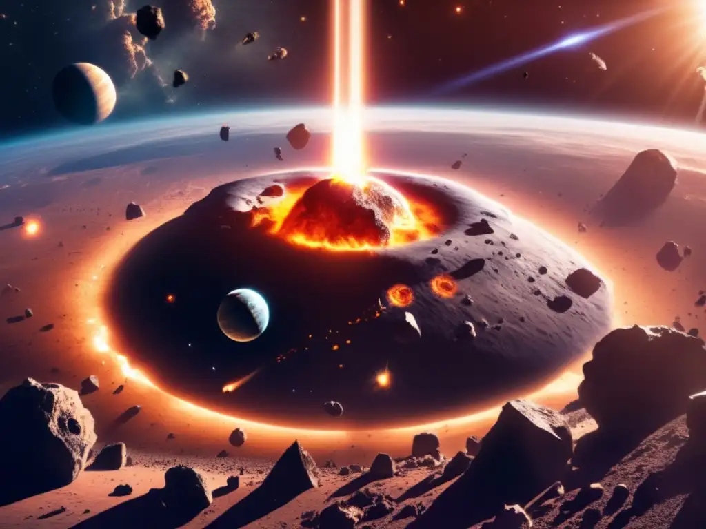 Asteroid Impact: A Spectacular Moment in Cosmic Evolution A breathtaking view of a solar system, with a massive asteroid impact mark visible on the surface of a planet