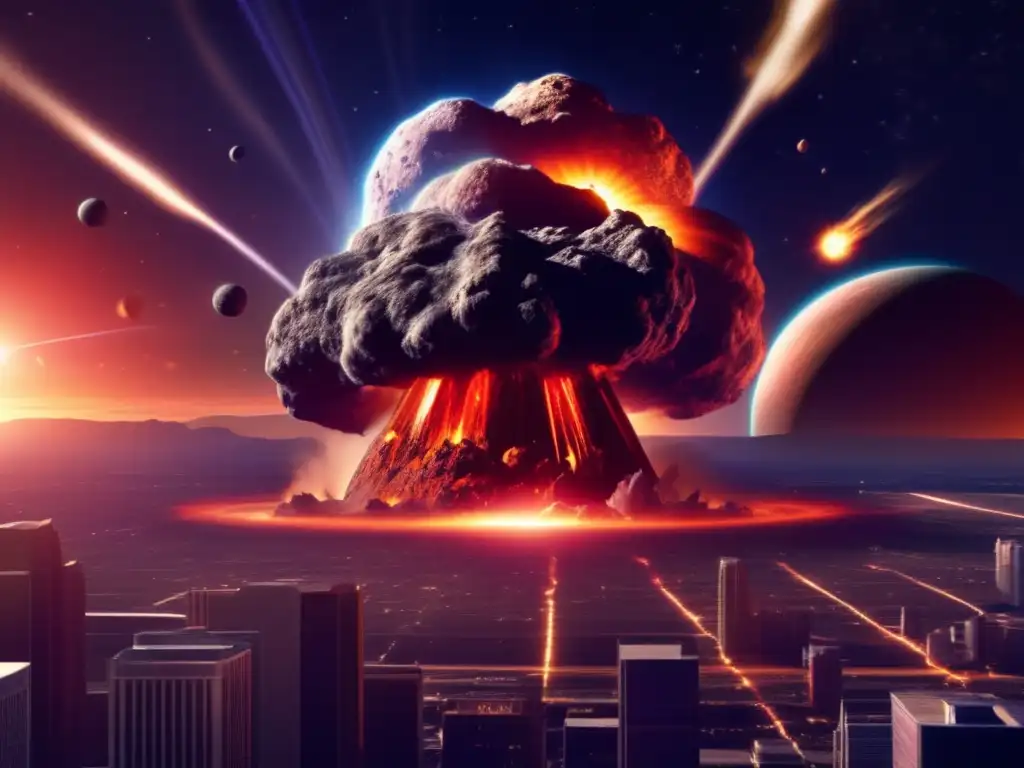 A photorealistic image of a massive asteroid hurtling towards a bustling planet, its impact causing an explosion and a brilliant flash of light