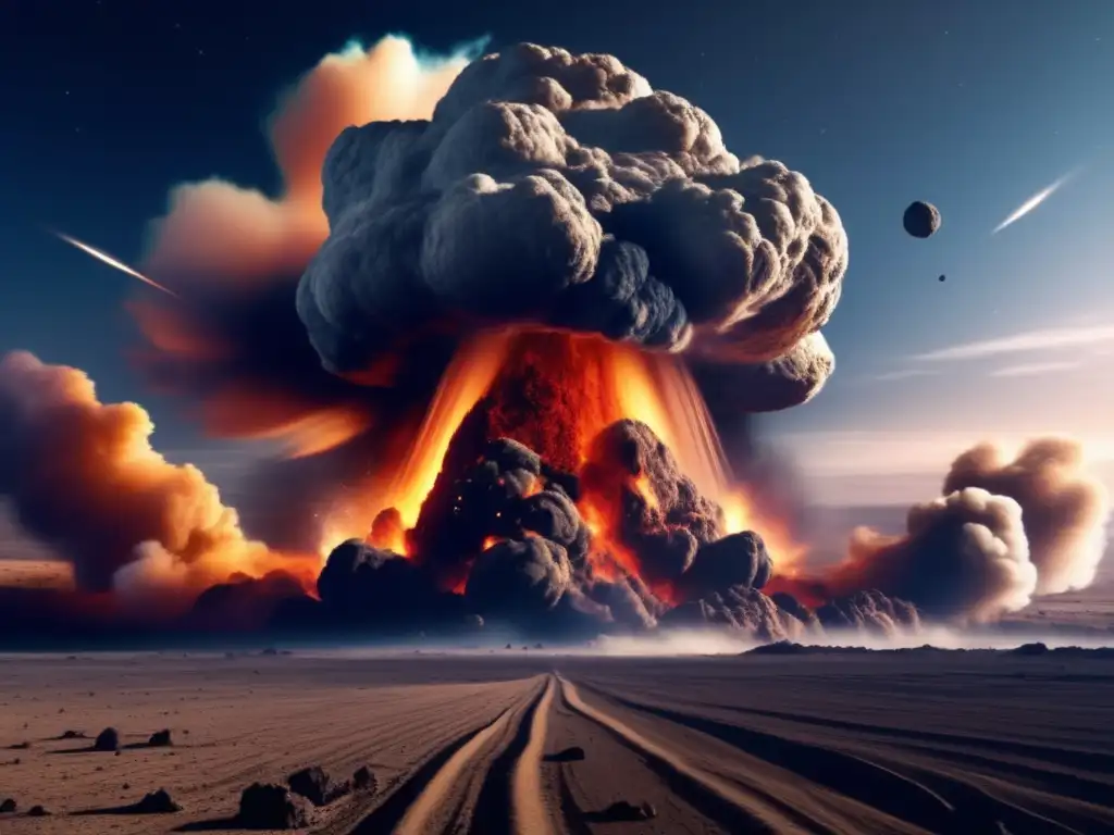 A jagged asteroid crashes into Earth's atmosphere, causing an explosive trail of smoke and debris in its wake