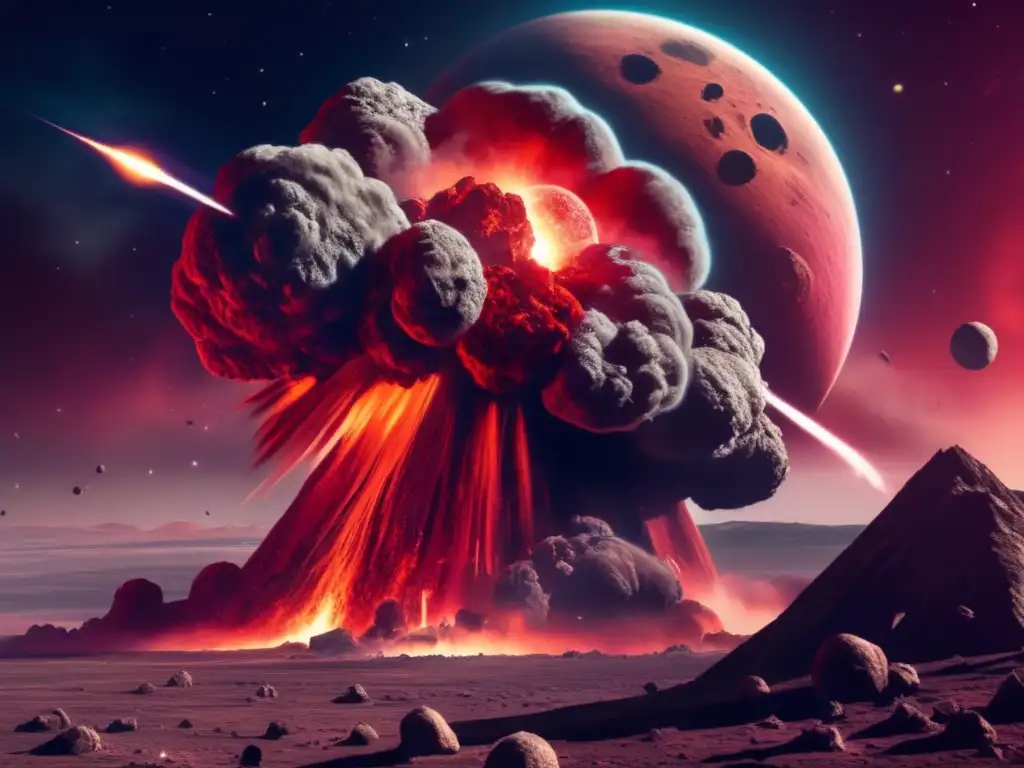 Asteroid Impact: Explosion Spreads Debris, Red Sky, and Moon Intact! Dash: A closeup view of an asteroid colliding with Earth, causing a global explosion