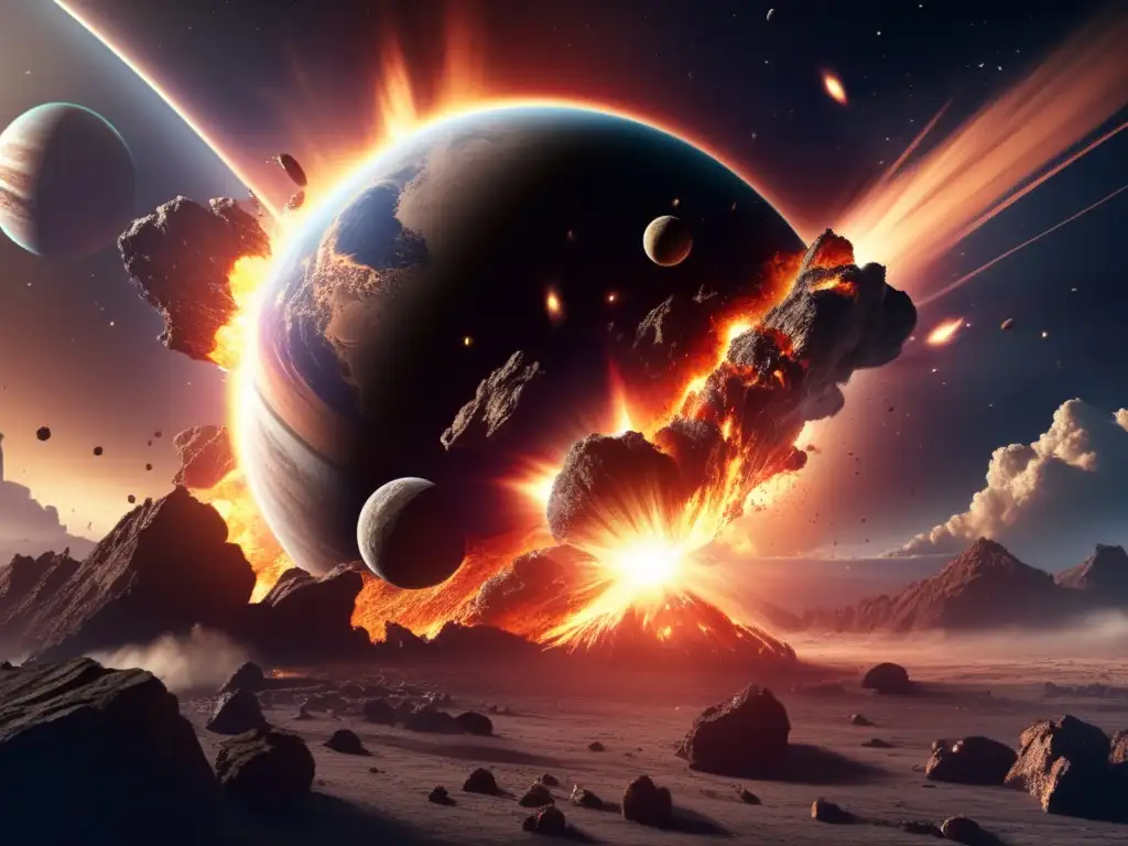 Planet-Asteroid Collision: Massive Impact and Evolutionary Rebirth A photorealistic depiction of a planet's catastrophic collision with an asteroid, illustrated with intricate details of the impact and flares created by the collision