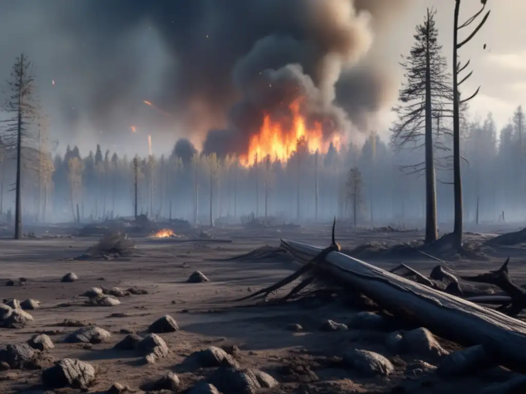 A photorealistic image of a severely damaged forest, with trees completely stripped of their leaves, revealing the ground below