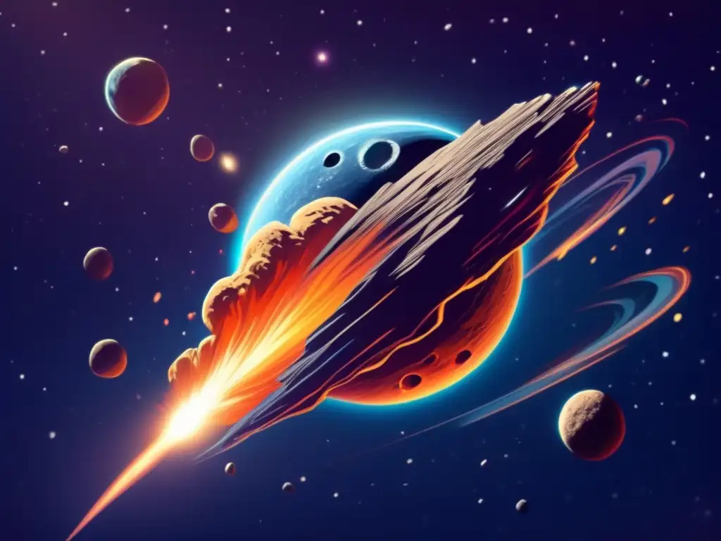 Asteroid falling towards Earth, emitting a brilliant moondust glow and swirling tendrils of dust in space