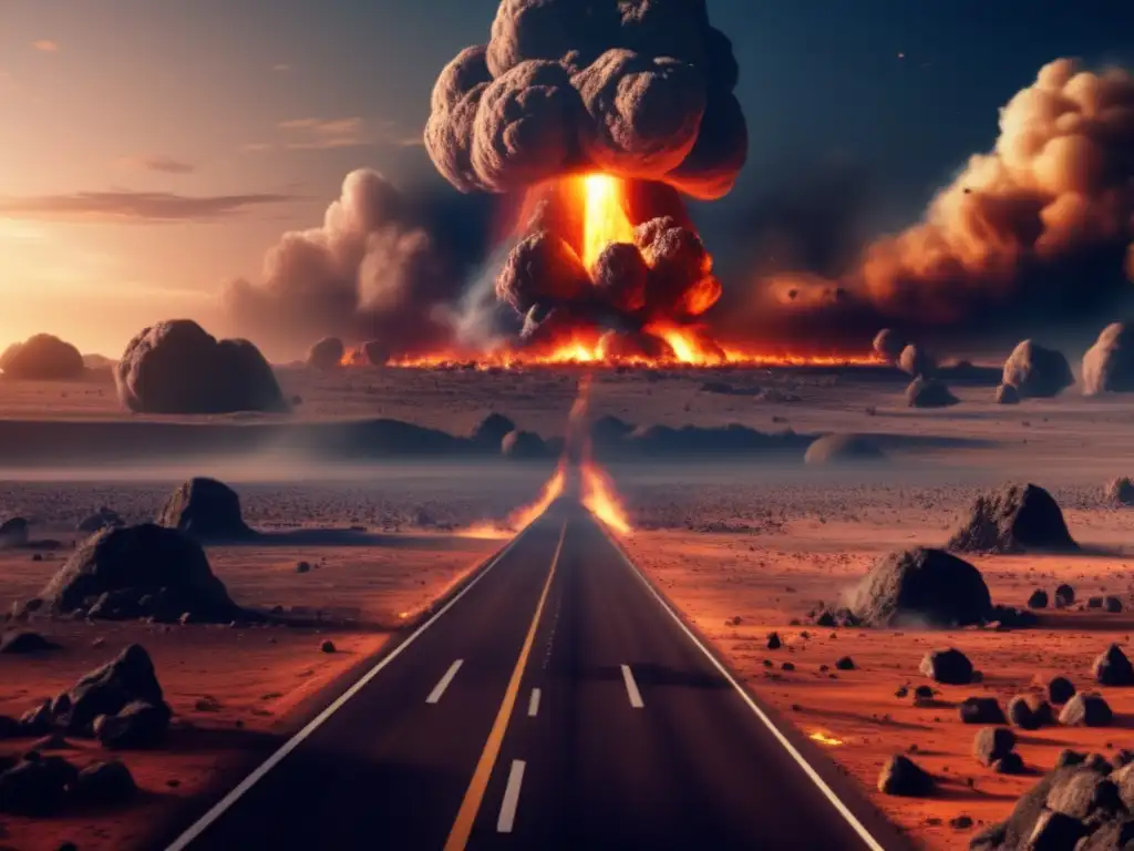 A photorealistic depiction of an immense asteroid impact, showing Earth's destruction as flames, smoke, and dust billow from the fiery crater