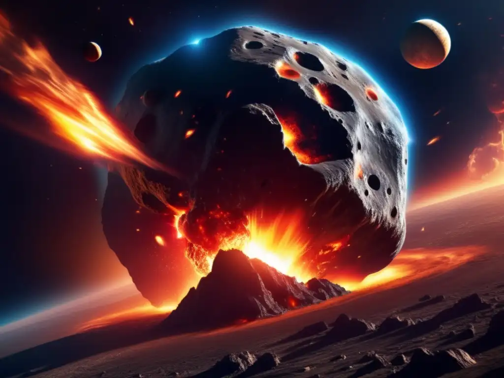 A powerful photorealistic image of a massive asteroid hurtling through space towards a small, teardropshaped planet