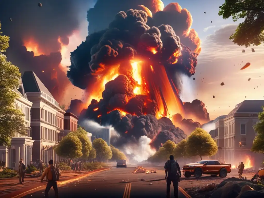 Asteroid Impact: Earth's Vibrant Landscapes Ablaze A devastating asteroid impact on a scenic planet with lush trees, burnished sky, and blazing debris
