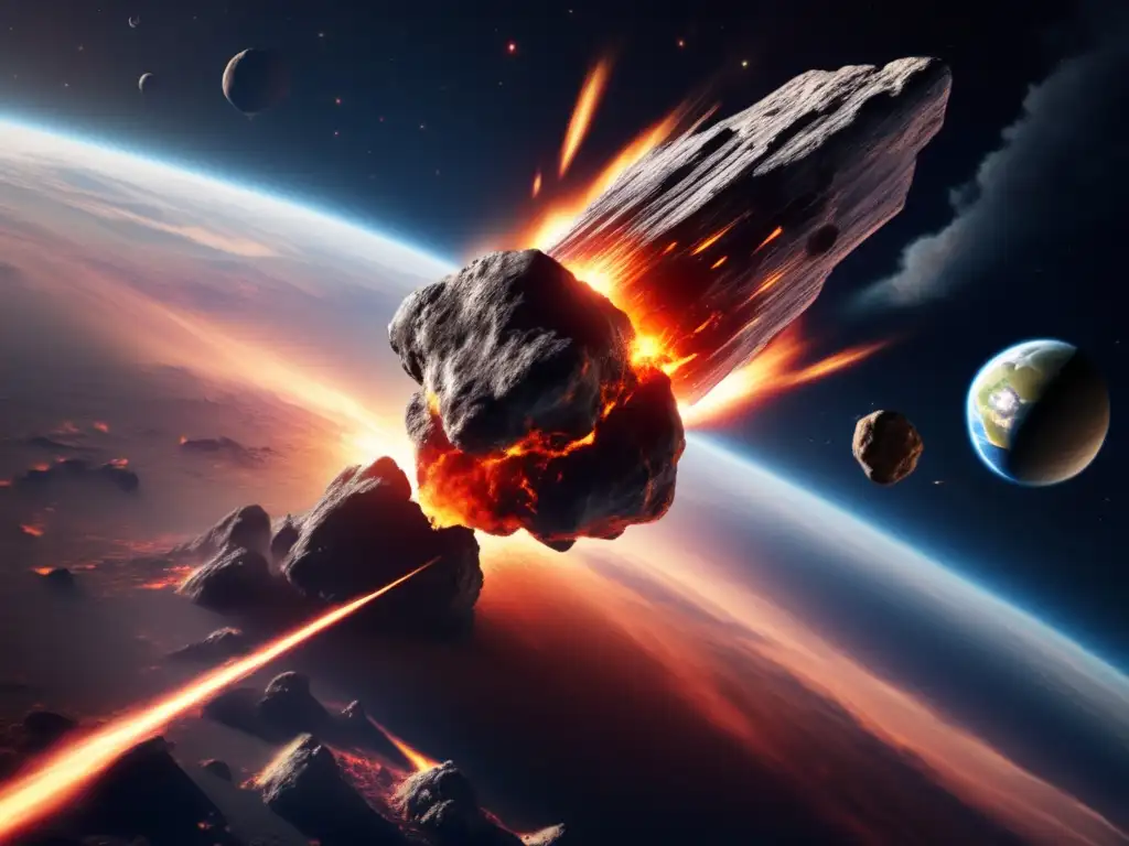 Asteroid Impact: Earth's Gravitational Pull Consumes the Rogue Spaceship A captivating photorealistic depiction of a massive asteroid on a collision course with Earth