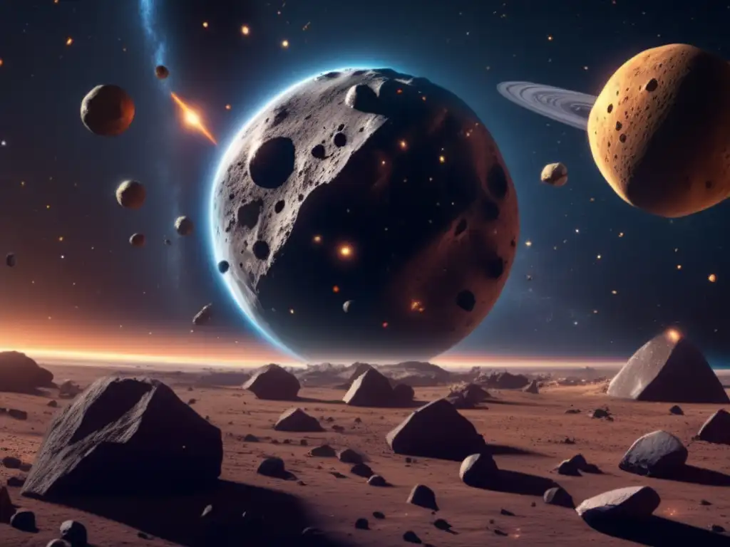 A stunning photorealistic image of a celestial body amidst a sea of jagged asteroids, with an illuminated asteroid belt visible in the center