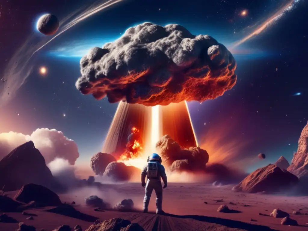 A cosmic threat heads towards Earth: a massive asteroid zooming past nebula clouds, leaving a trail of debris in its wake