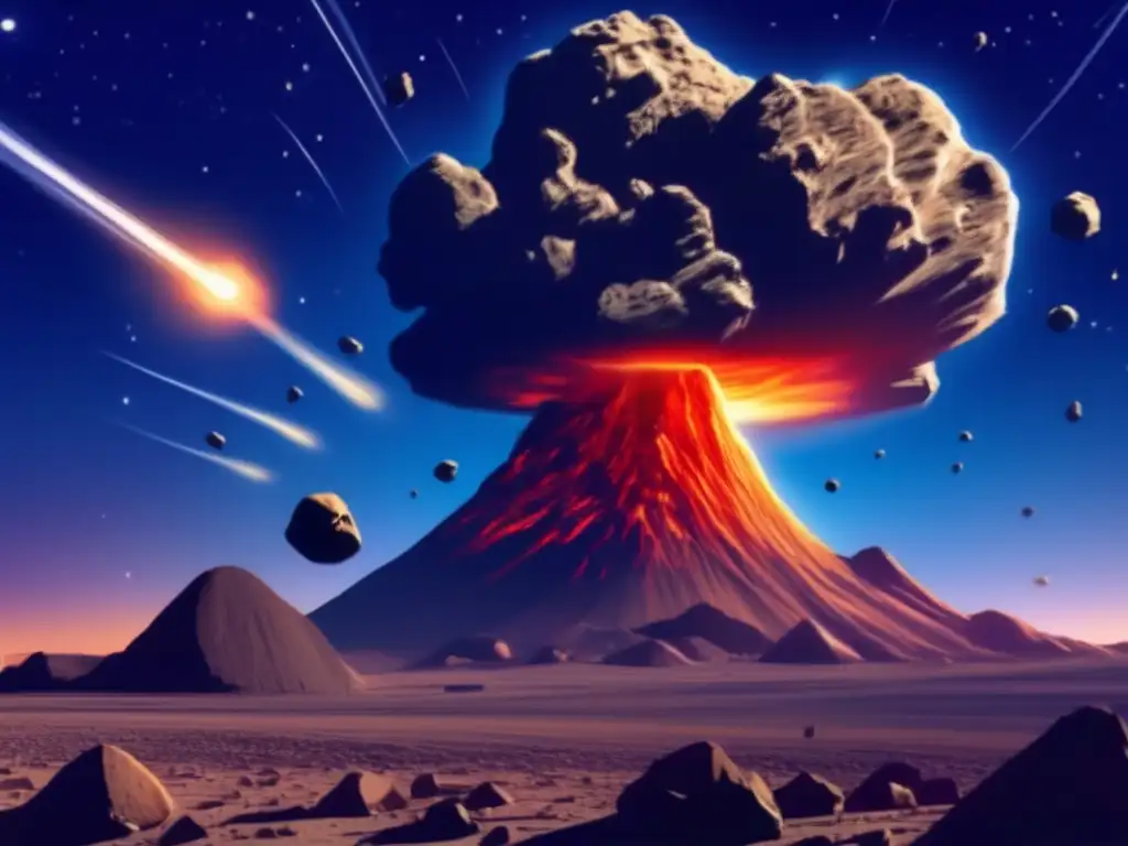 A stunning and terrifying image of an asteroid impact event at night, with the sky filled with massive asteroids streaking towards Earth