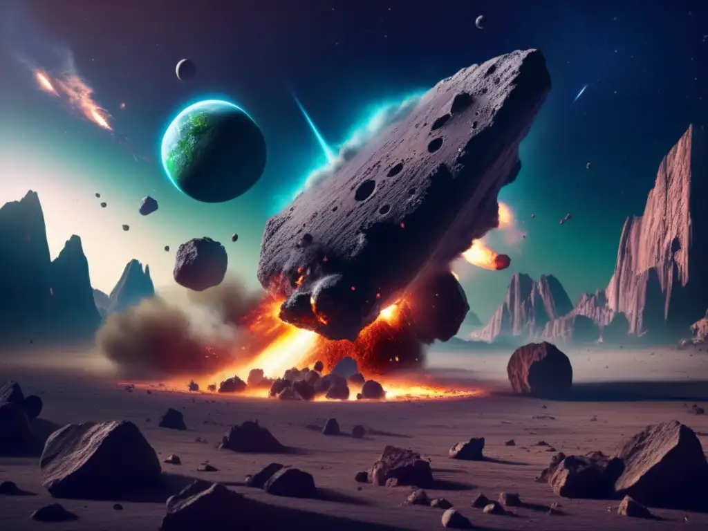 Impact: Asteroid Strikes Planet with Devastation and Smoke A photorealistic image of an asteroid striking a lush, bluegreen planet with sharp edges and deep grooves
