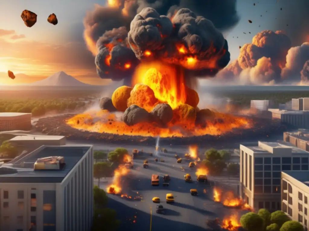 Epic Asteroid Impact: Devastation & Panic on Earth A photorealistic depiction of an asteroid impact on Earth: massive destruction, smoke and debris, buildings and vehicles on fire