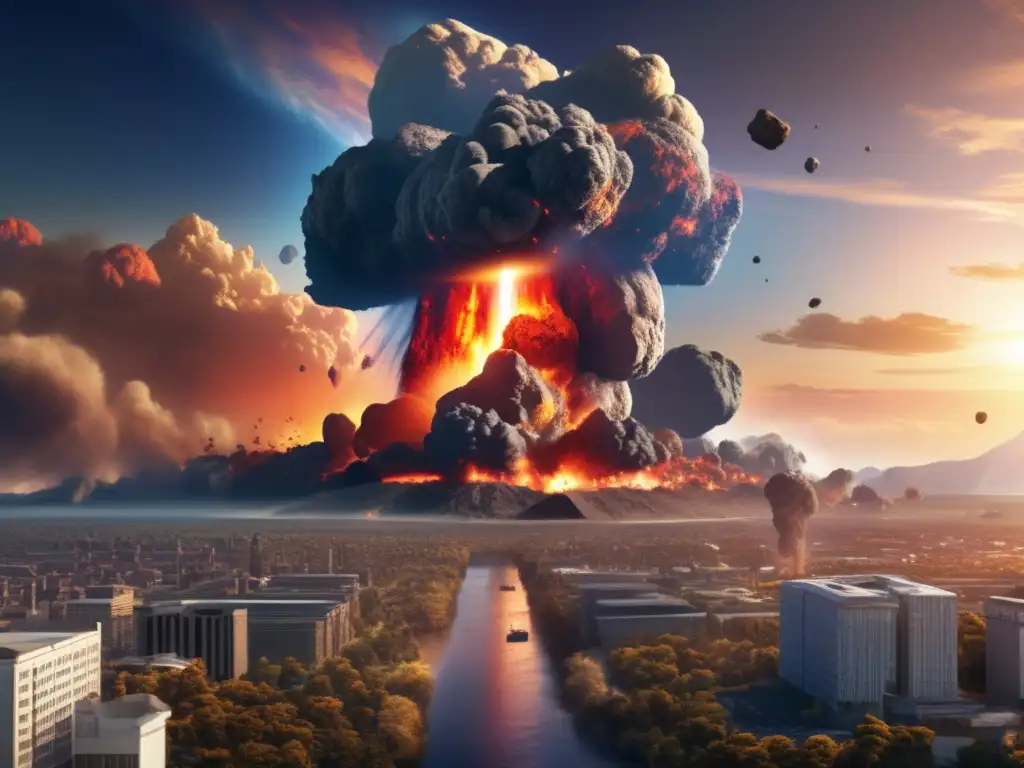 An asteroid impact on Earth, captured in photorealistic detail with vibrant colors