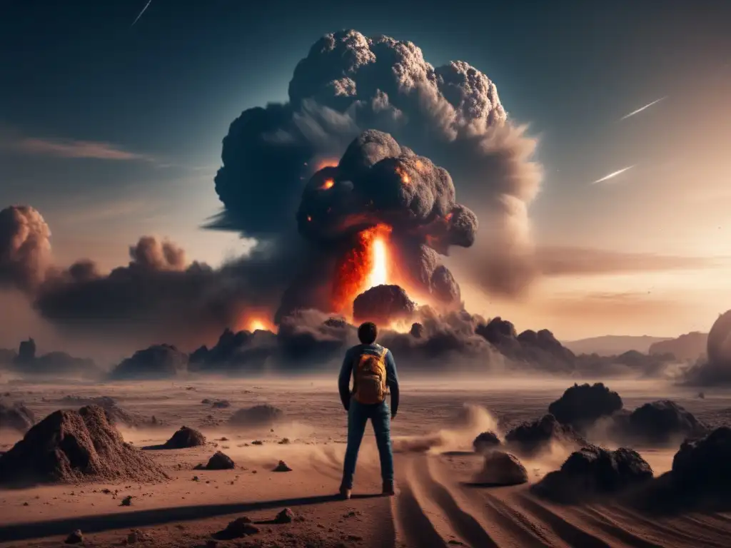 Asteroid Impact: Dust Cloud Disaster on Earth A cataclysmic asteroid impact on Earth, visible in the form of a massive dust cloud, obliterates vast swaths of land, causing irreparable harm