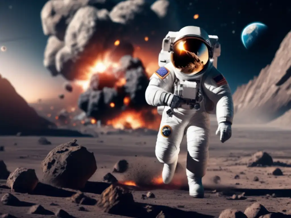A high-resolution photograph depicts an asteroid crashing into Earth, causing massive destruction and devastation in the background