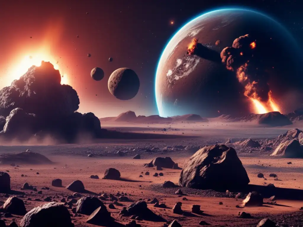A photorealistic depiction of a devastating asteroid impact on a terrestrial planet, with debris and smoke billowing into the atmosphere