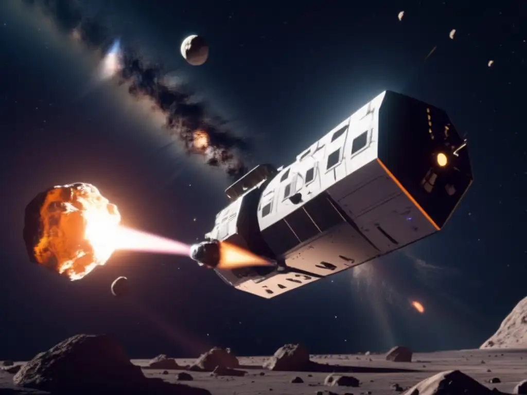 A close-up of an asteroid impactor being released into space, its sleek design and visible thrusters stand out against the deep blue and black void