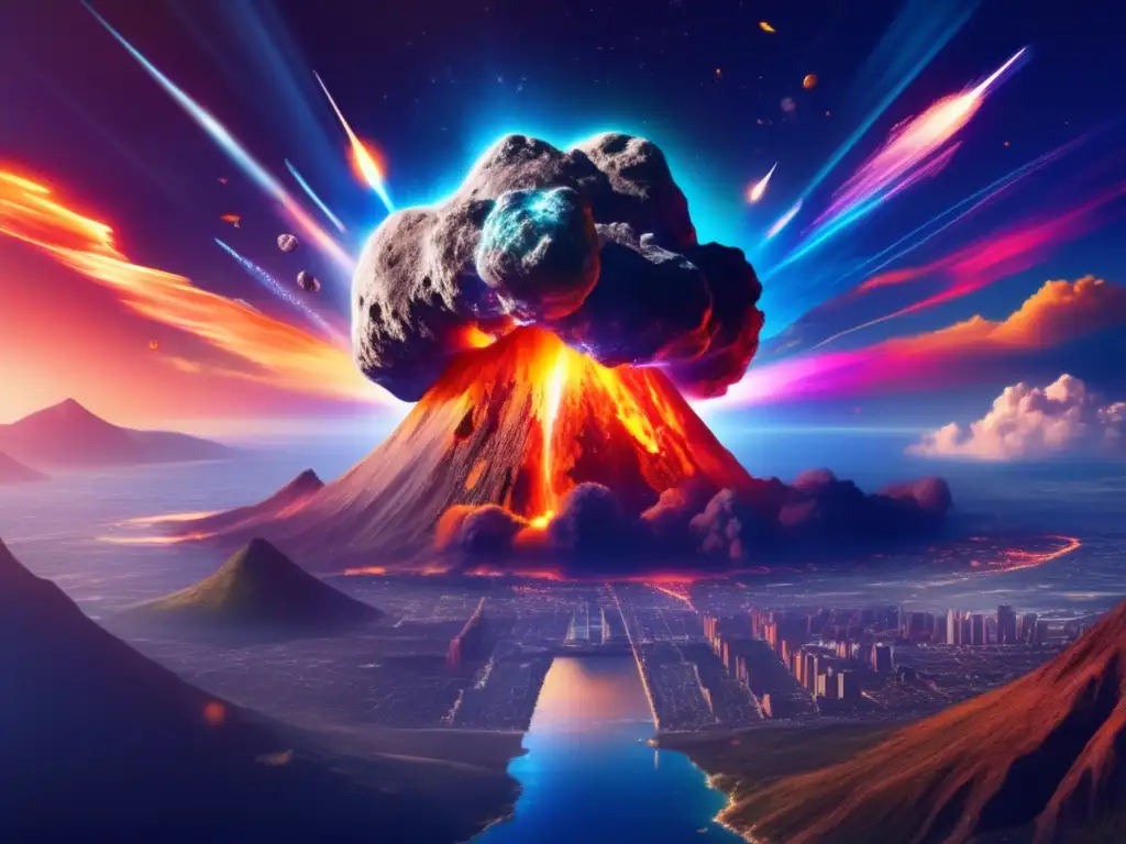 A 30-foot asteroid descends from the abyss, glowing with fiery debris, painting the sky with a vibrant spectrum