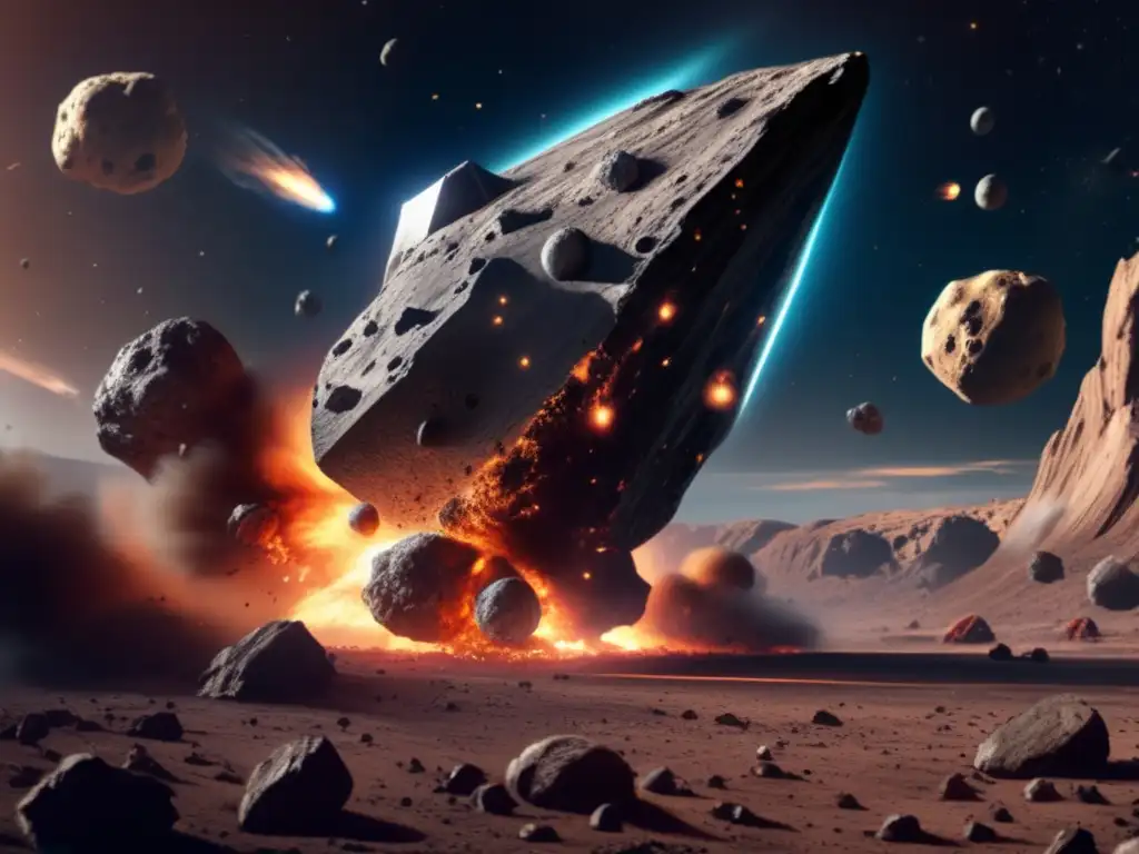 A photorealistic asteroid looms, intricate details lifting its rocky surface, as it hurtles towards Earth