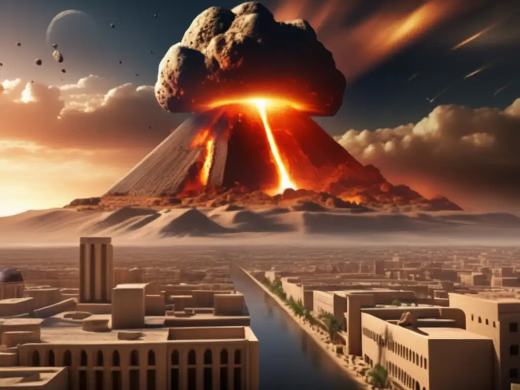 An asteroid impact on a Mesopotamian cityscape, captured in stunning photorealism