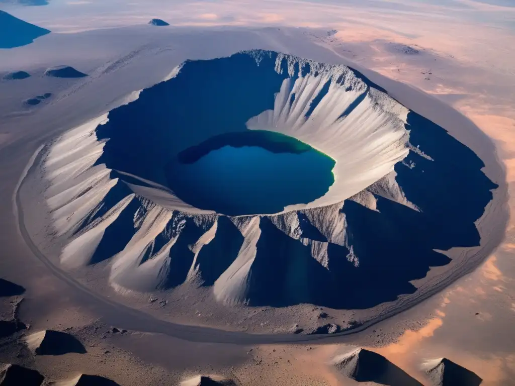 An aerial view of an ancient asteroid impact site, with a stark contrast of the blackened, scorched area surrounding the crater