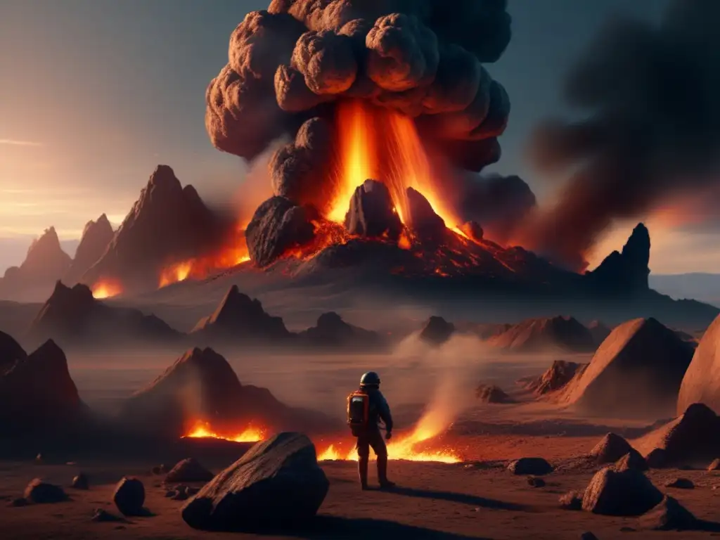 Asteroid impact site with smoke rising from the impact crater, jagged edges, permeating smoke, and atmospheric pressure rise