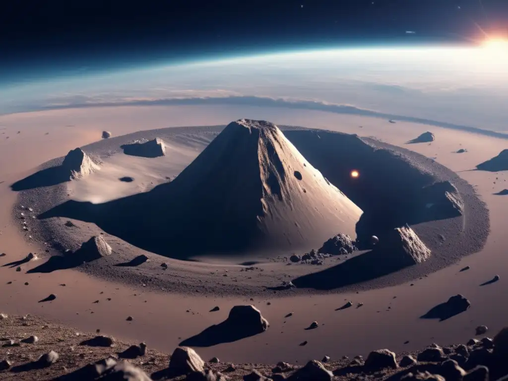 A photorealistic depiction of an asteroid impact site with high-resolution detail and a crater created by collision, surrounded by debris and terrain