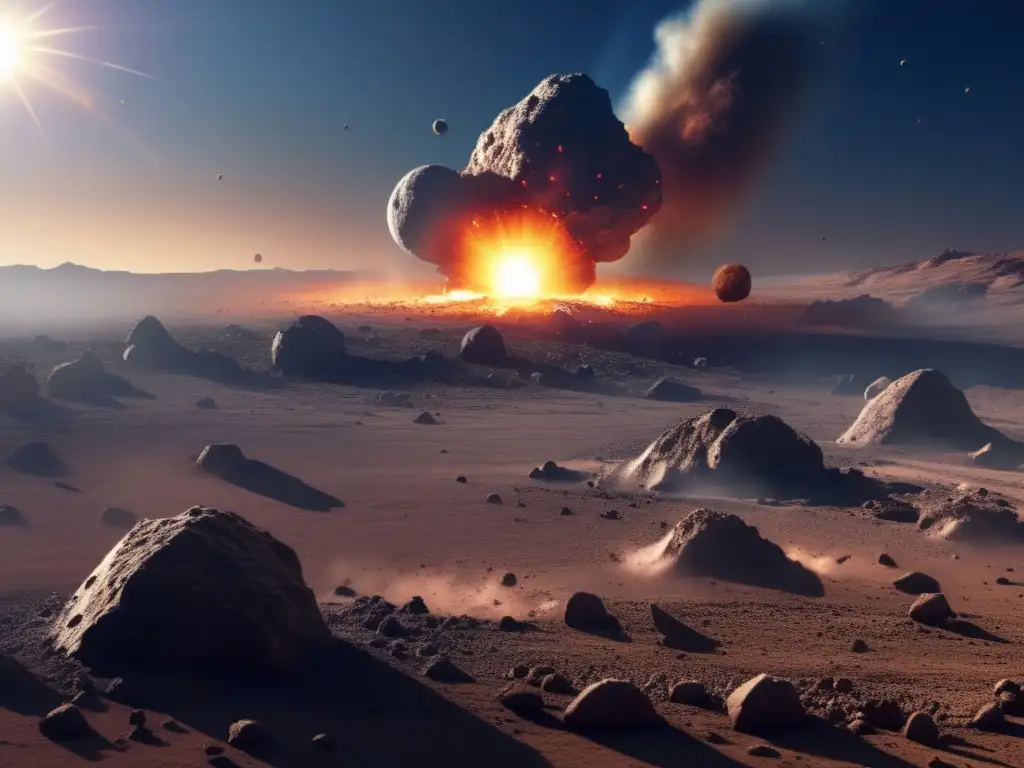 An aftermath of an asteroid impact site, with clear representation of geological craters and destruction, with surrounding landscapes affected