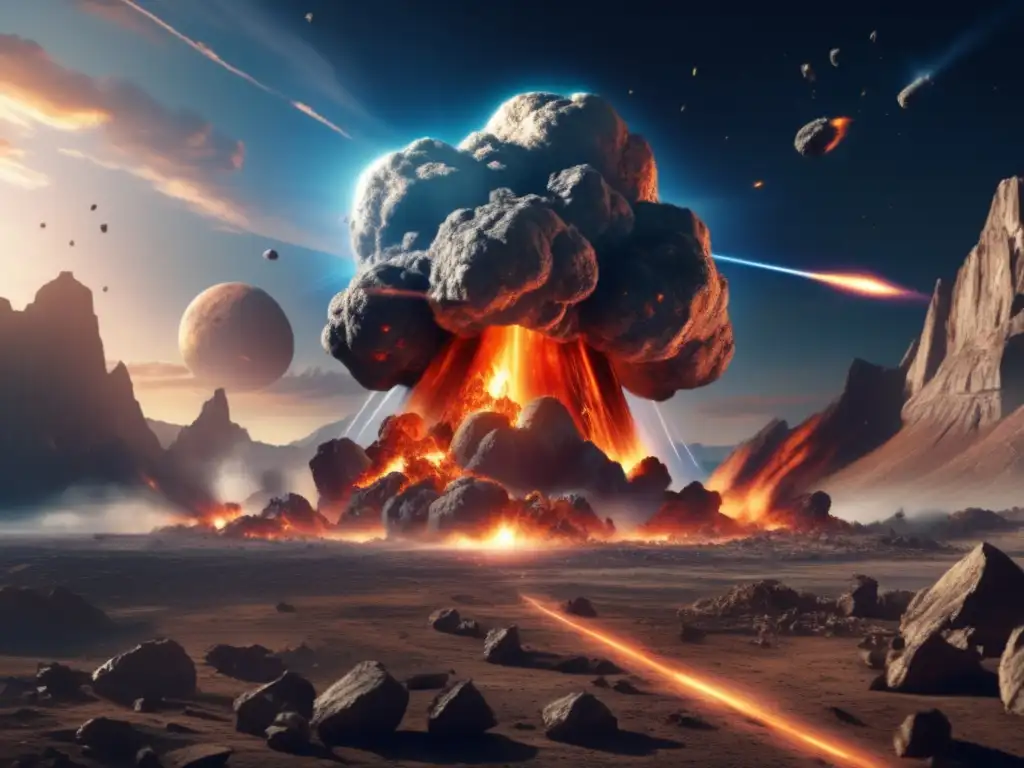 Asteroid Impact: Photorealistic Destruction and Chaos A catastrophic asteroid impact on Earth, in photorealistic style, captures the devastation and chaos surrounding the impact site