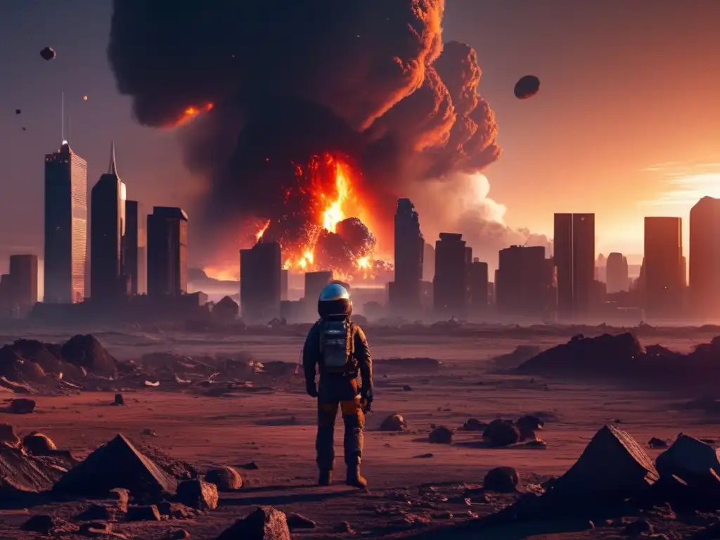 Smoldering Aftermath: Asteroid Impact Wasteland Dash: 'Towering skyscrapers stand tall amidst a barren, rubble-strewn Earth, in the post-apocalyptic aftermath of an asteroid impact