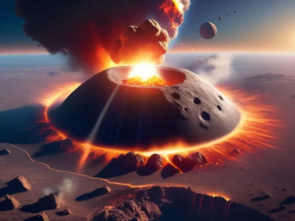 Awe-inspiring image of an asteroid colliding with Earth, sending a trail of flames skyward and creating a massive crater in the foreground