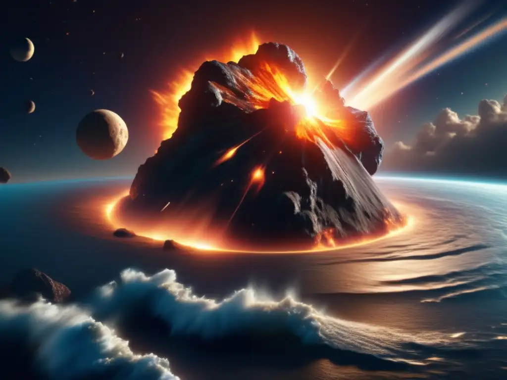 A photorealistic, 8k ultradetailed image of a massive asteroid hurtling through space, emitting a blinding flash of light as it strikes an oceanic surface