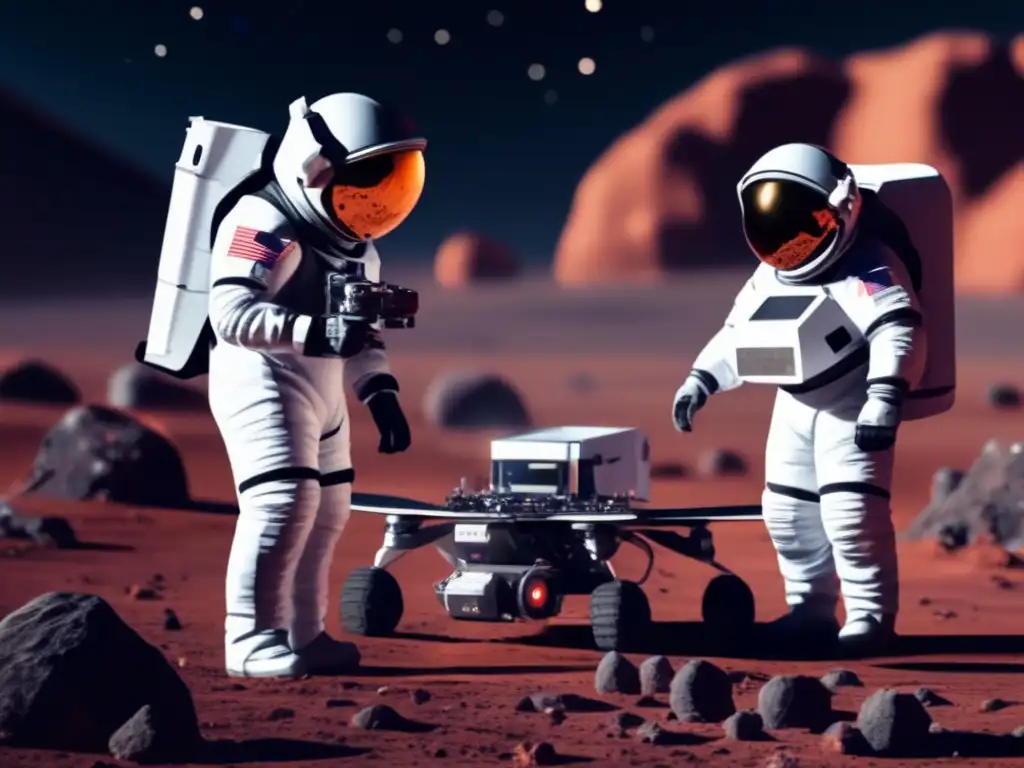 Spacesuit astronauts examine a drone gathering samples on an asteroid surface