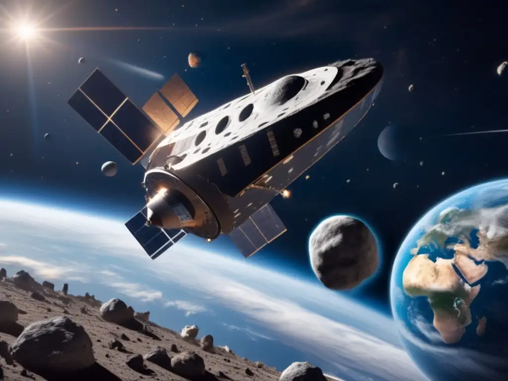 A photorealistic depiction of a spacecraft in orbit around Earth, with an impending collision with a large asteroid looming in the background