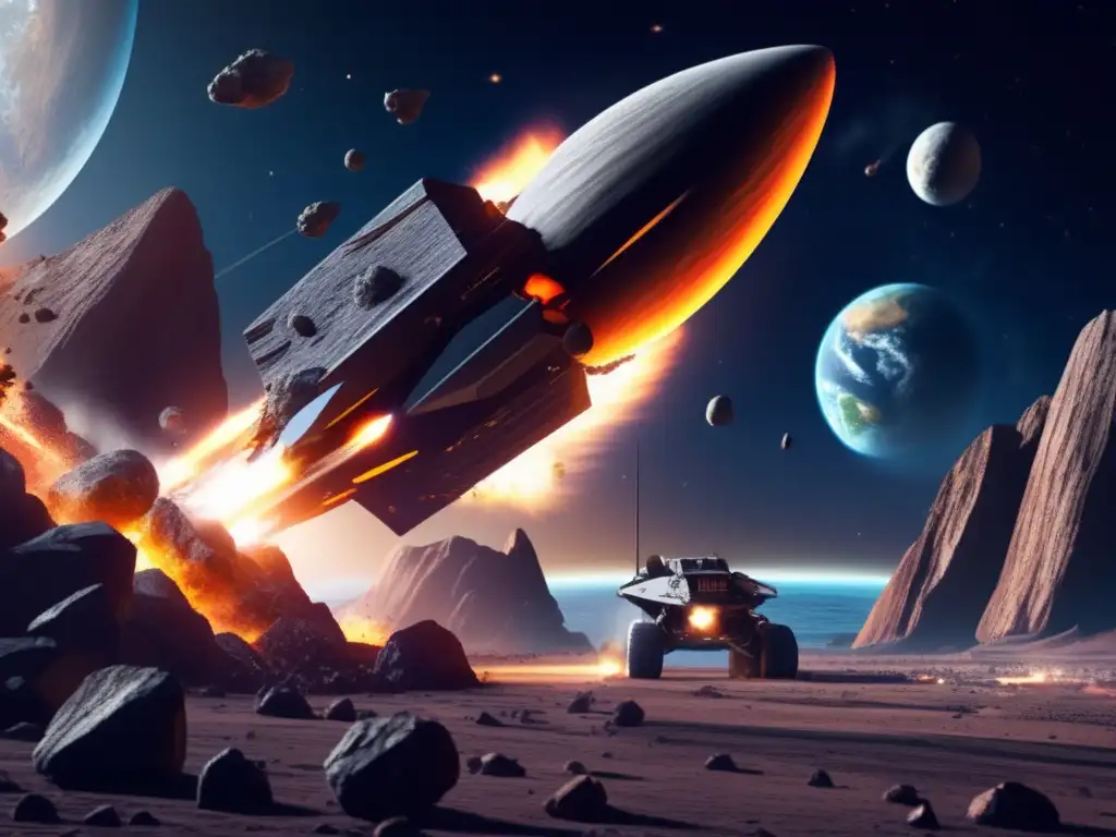 A breathtaking photorealistic illustration of Planetary Defense Systems inaugural launch, as they deploy a fleet of sophisticated Asteroid Interceptors towards an imminent threat to Earth, with Earth models magnificently depicting its atmosphere and oceans in the background