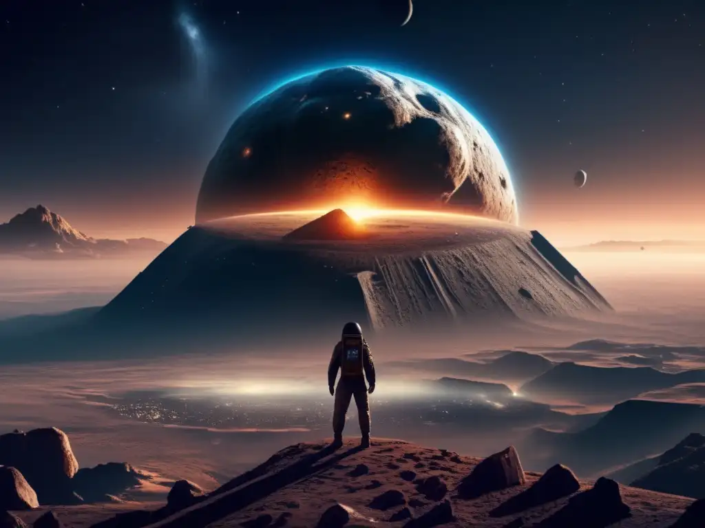 A Photorealistic depiction of a mammoth asteroid, towering above Earth and casting a lengthy, ominous shadow