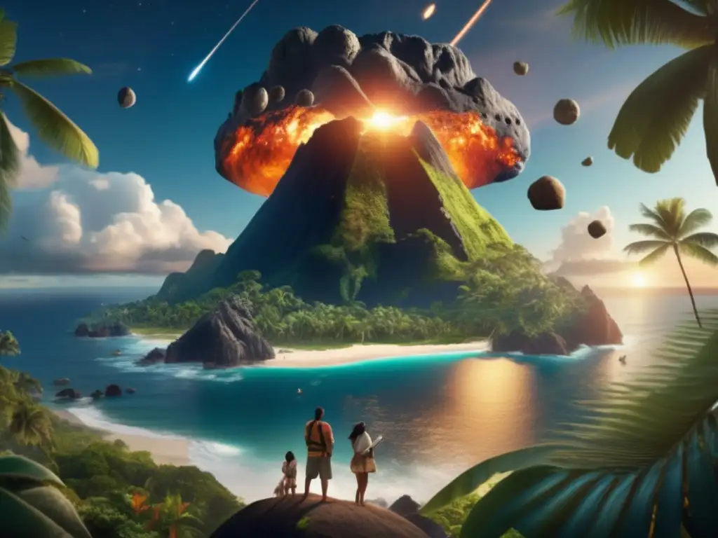 Awe-Inspiring Velocity: Islanders Behind Enchanted Polynesian Mythology - Intense staring and wide-eyed expressions on the faces of the island inhabitants as they stand in awe of the immense asteroid looming above them, surrounded by the striking beauty of their native land's rich foliage and rugged landscapes-