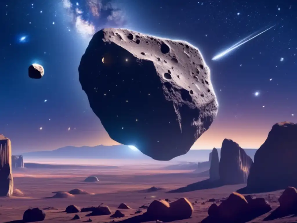Stripped Sky: A Photorealistic Asteroid Encounter in the Depths of Space A stunning image of a starry night sky, featuring a luminous asteroid with jagged cliffs and ridges in the center